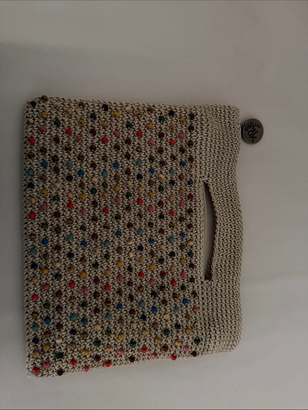 The Sak Cream Crochet Clutch with Multicolor Studs